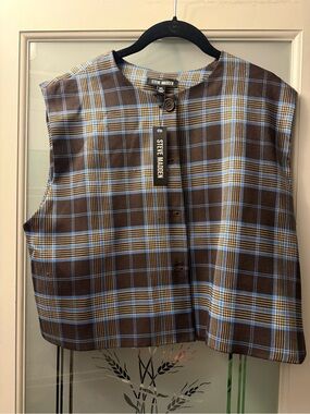 Steve Madden Plaid Sleeveless Vest in Brown and Light Blue